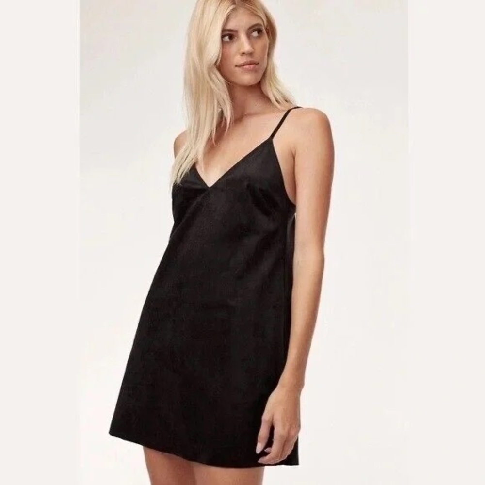 Wilfred Free Black Faux Suede Slip Dress Minimal Spaghetti Strap Aritzia L